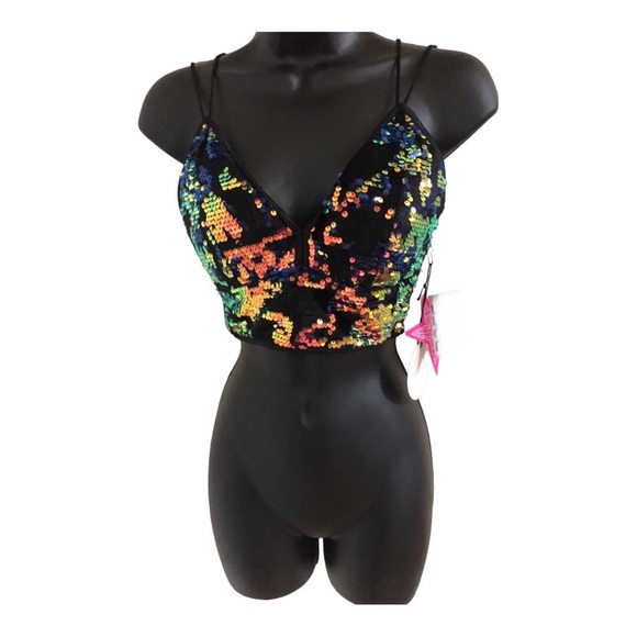 Sexy Cropped padded mermaid sequin‎ v-neck velvet bustier top. size XS new - Picture 13 of 16